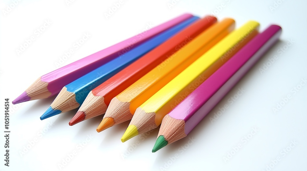 Fototapeta premium A collection of colorful pencils arranged on a clean, white background. The pencils are vibrant and varied in color, with sharp tips pointing in different directions to create an eye-catching composit