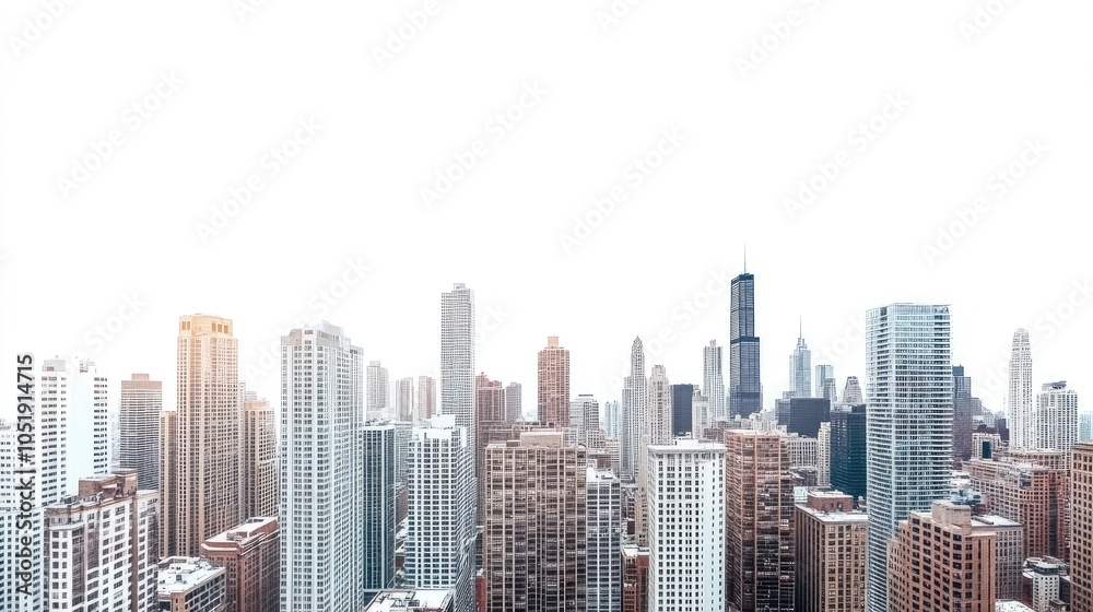 Fototapeta A wide-angle panorama of a busy urban skyline with high-rise buildings, isolated on a crisp white background for a modern city concept.