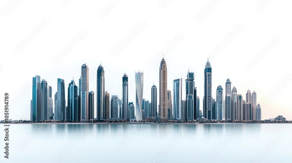 A wide-angle panorama of a busy urban skyline with high-rise buildings, isolated on a crisp white background for a modern city concept. A wide-angle panorama of a busy urban skyline with high-rise buildings, isolated on a crisp white background for a modern city concept.