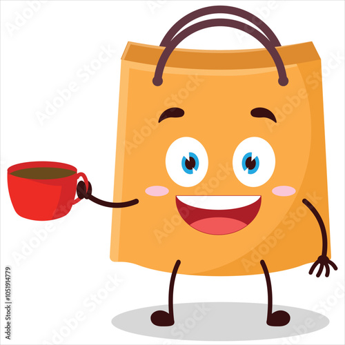 cute cheerful expression of shopping bag carry cup of coffee cartoon character