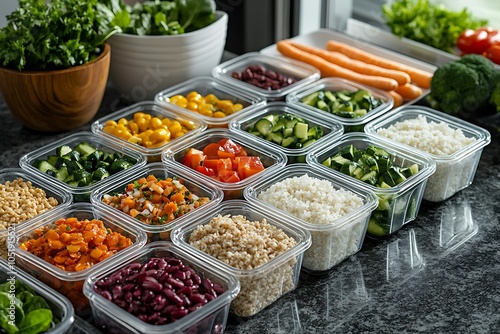 Colorful array of fresh vegetables and grains for meal prep. photo