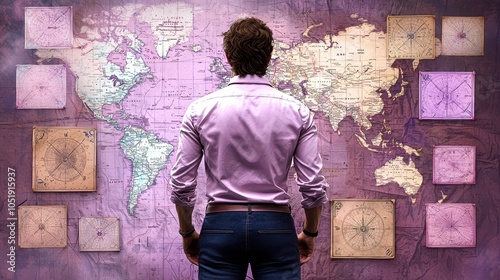 A person studies a world map, pondering travel destinations and adventures, surrounded by vintage maps and compasses. photo