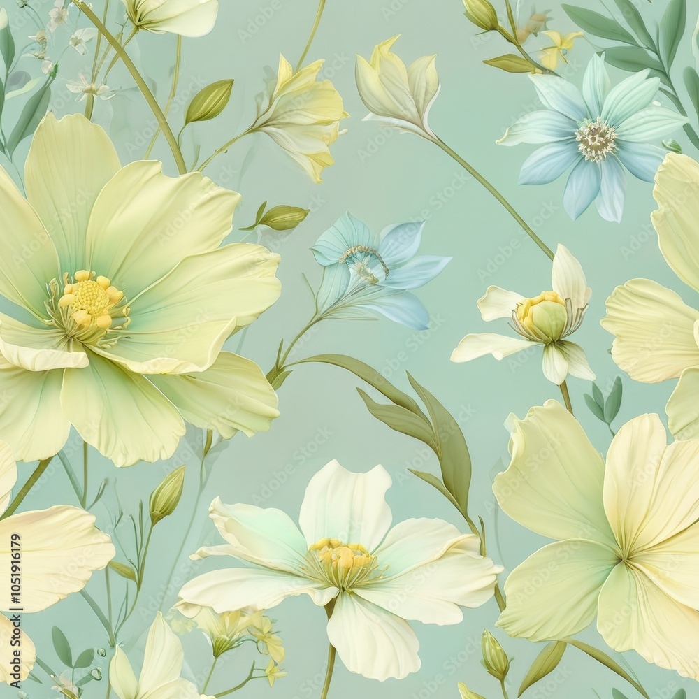 Fototapeta premium Seamless floral pattern featuring delicate flowers in pastel green, soft yellow, and light blue colors.