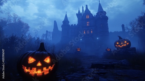 A Spooky Halloween Pumpkin Sits on Wet Ground in Front of a Haunted House