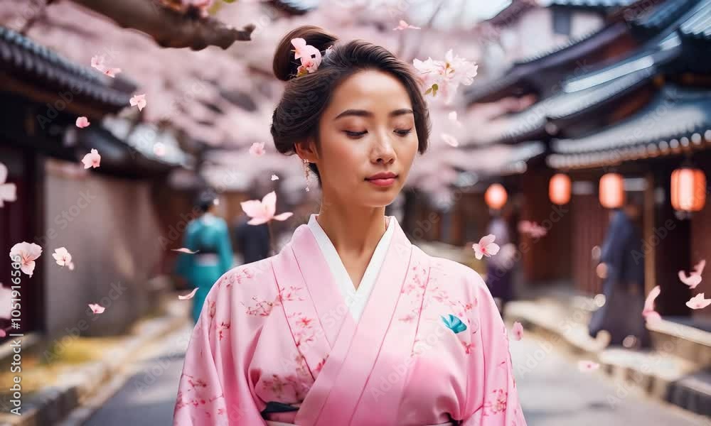 A captivating scene of a woman in a pink kimono surrounded by cherry blossoms, embodying tranquility and cultural beauty amidst a traditional Japanese landscape. A captivating scene of a woman in a pink kimono surrounded by cherry blossoms, embodying tranquility and cultural beauty amidst a traditional Japanese landscape.