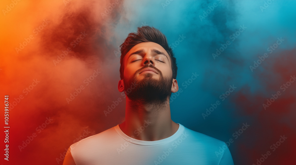 man with closed eyes stands in colorful mist, expressing tranquility and introspection. vibrant orange and blue hues create striking contrast, enhancing serene atmosphere. man with closed eyes stands in colorful mist, expressing tranquility and introspection. vibrant orange and blue hues create striking contrast, enhancing serene atmosphere.