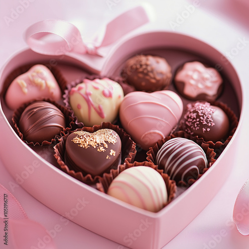 Heart-shaped pink gift box filled with a variety of chocolate bonbons, with a soft pink ribbon draped across it, against a blush pink background
 photo