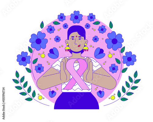 Indian feminist movement of pink ribbon 2D illustration concept. Breast cancer solidarity. Hindu bindi woman femininity cartoon character isolated on white. Metaphor abstract flat vector graphic