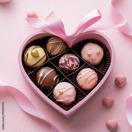 Heart-shaped pink gift box filled with a variety of chocolate bonbons, with a soft pink ribbon draped across it, against a blush pink background
 photo