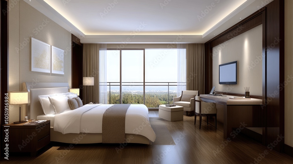 Fototapeta premium A modern hotel room features smart technology controlled via mobile apps, ideal for business travelers seeking luxury and convenience