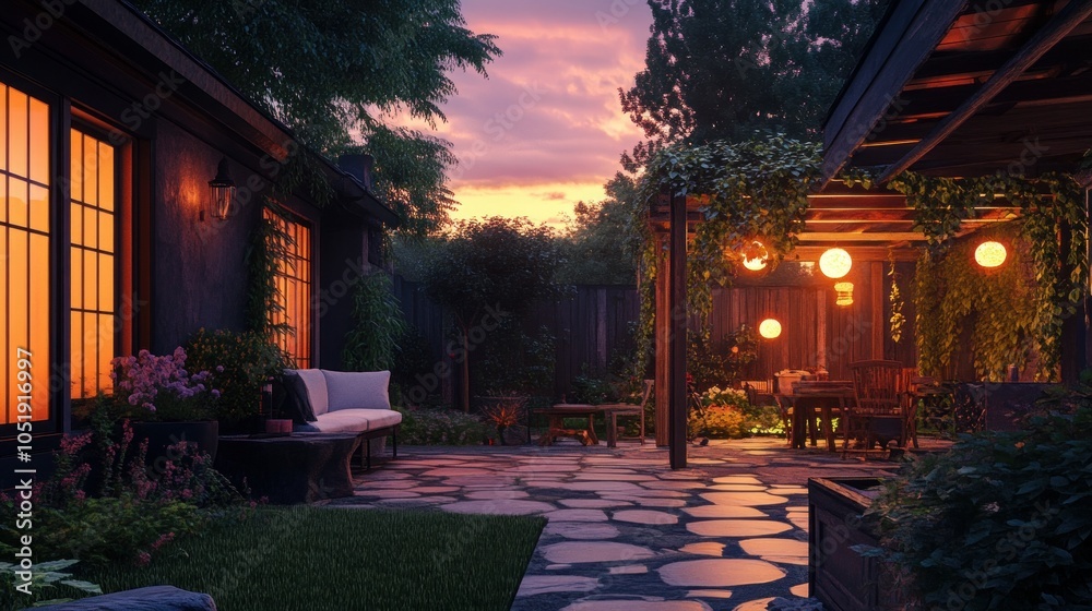 Fototapeta premium Backyard patio illuminated by a warm sunset. 