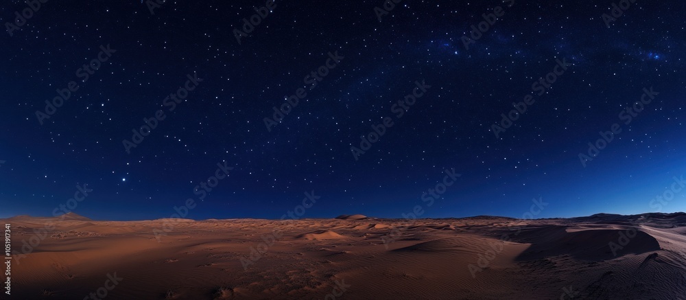 A vast desert landscape under a star-filled night sky. The landscape is mostly flat with a few low hills and dunes, bathed in moonlight. A vast desert landscape under a star-filled night sky. The landscape is mostly flat with a few low hills and dunes, bathed in moonlight.