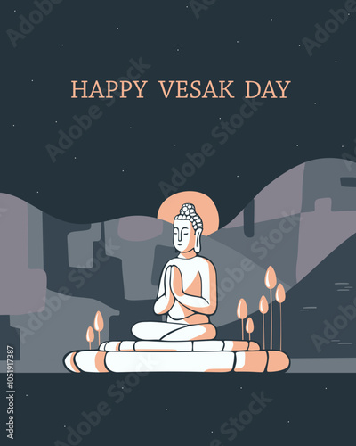 Asian Buddha in lotus position on the background of mountains meditates. Greeting card for Buddha's birthday, Vesak holiday. Vector stylish minimalistic poster with text "Happy Vesak Day"