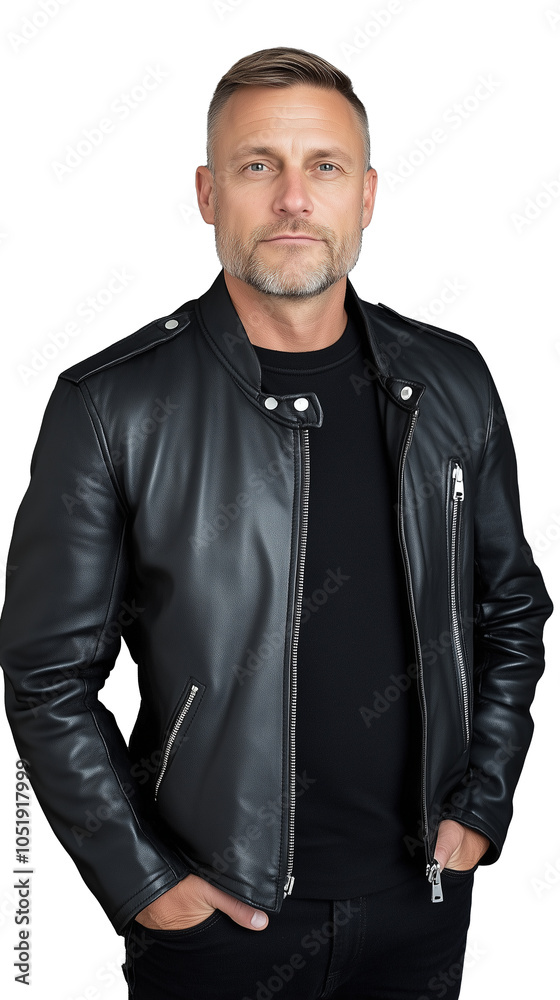 Confident man in black leather jacket posing on transparent background, strong and casual expression Confident man in black leather jacket posing on transparent background, strong and casual expression