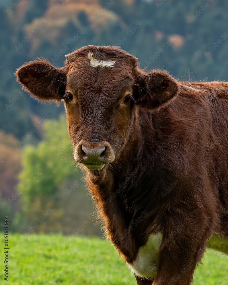 Brown cow stands in a lush green field with a misty mountain backdrop on a cloudy day Brown cow stands in a lush green field with a misty mountain backdrop on a cloudy day