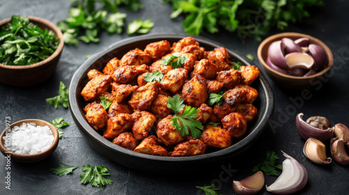 vibrant platter of spicy, marinated chicken pieces garnished with fresh herbs, surrounded by garlic and onions, creating inviting and flavorful presentation