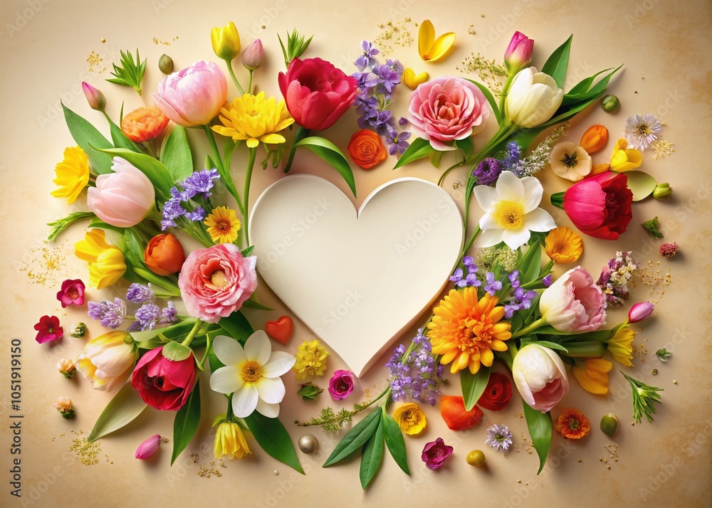 Happy Mother's Day Floral Banner with Heart Shape and Multicolored Spring Flowers on Beige Background