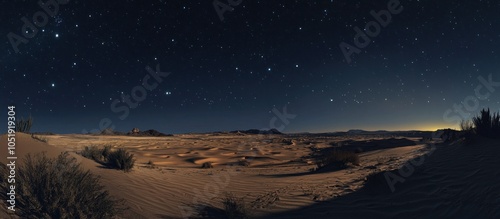 A vast, starry night sky over a desert landscape.