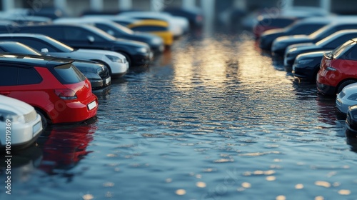 3D concept of a flooded parking lot.
