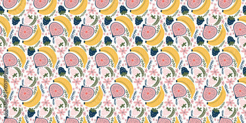 Cheery seamless pattern showcasing bananas, figs, blackberries, white strawberries, pink flowers, and green leaves. Crafted in a contemporary, organic vector style with flat hues, exuding a playful