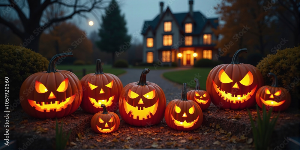 House decorated with spooky Halloween decorations, pumpkin faces and bats, helloween and thanksgiving tradition House decorated with spooky Halloween decorations, pumpkin faces and bats, helloween and thanksgiving tradition