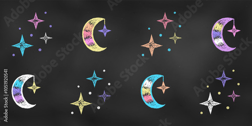 Children's Chalk Drawn Sketch. Set of Design Elements Combinations of Stars and Moons Isolated on Chalkboard Backdrop.