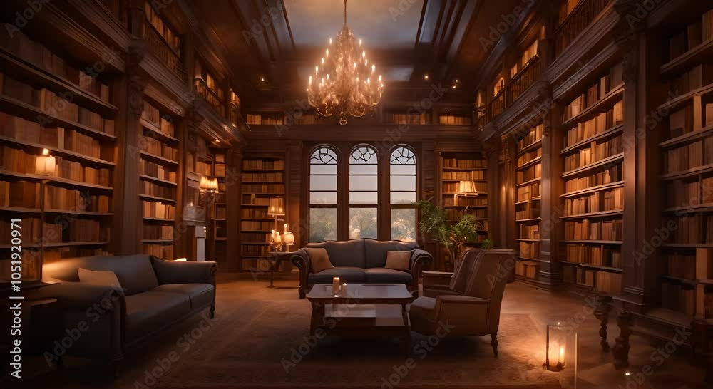 Classic dark library with wooden shelves chandelier and a glowing fireplace in a peaceful evening Vintage cozy reading retreat concept Seamless time lapse animation video background 4K Classic dark library with wooden shelves chandelier and a glowing fireplace in a peaceful evening Vintage cozy reading retreat concept Seamless time lapse animation video background 4K