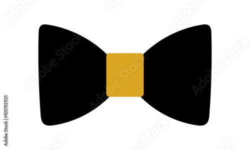 A black and gold bow tie is displayed on a white background. The bow tie is made of black fabric and has a gold band around it. The design of the bow tie is simple and elegant