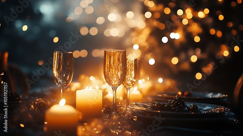 A festive New Year's Eve table setup with glowing candles, champagne glasses, and shimmering streamers, with a blurred background of fireworks illuminating the night. photo