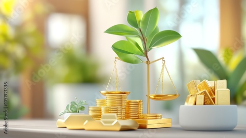 Golden scales balanced with different assets stocks, gold bars, real estate symbols visually representing the equilibrium in diversified investments photo