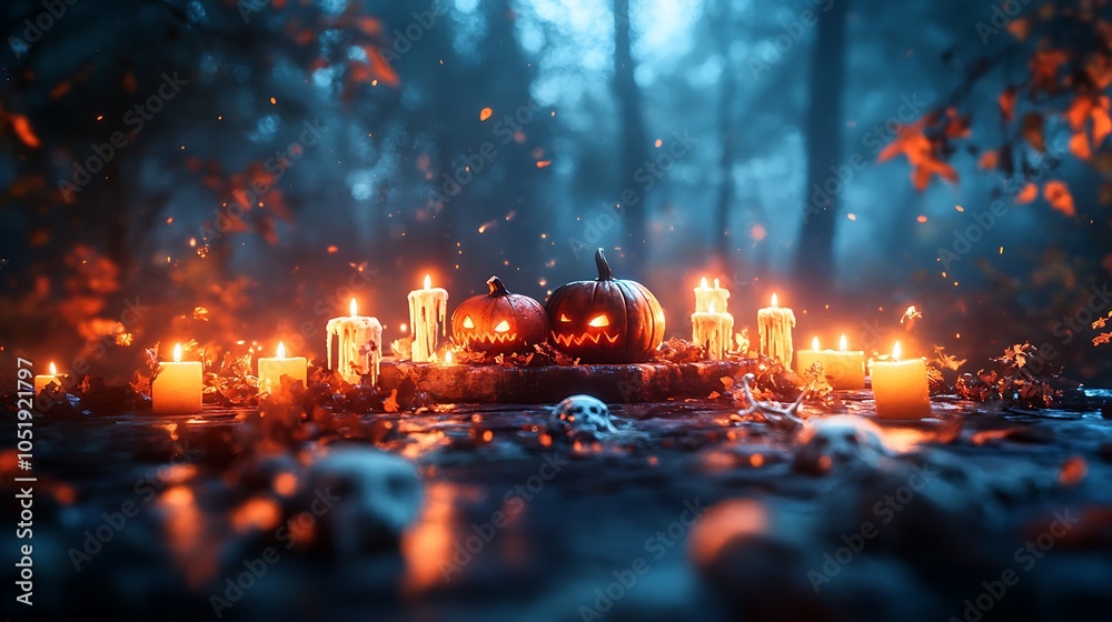 A Halloween-themed banquet table with glowing candles, small pumpkins, and scattered bones, blurred dark forest background. The eerie candlelight adds a mysterious glow, A Halloween-themed banquet table with glowing candles, small pumpkins, and scattered bones, blurred dark forest background. The eerie candlelight adds a mysterious glow,