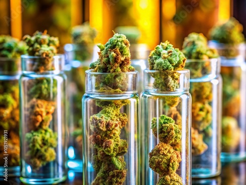 Highly Detailed Cannabis Buds in Test Vials for Medical and Recreational Use - Captivating Product Photography