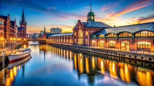 Historic Fish Auction Hall in Hamburg at Dusk with Colorful Illumination - Scenic Harbor Venue photo