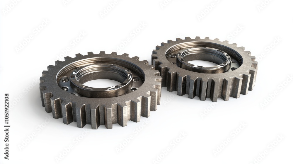 Two metallic gear cogs connected on a white background.
Two metallic gear cogs connected on a white background.