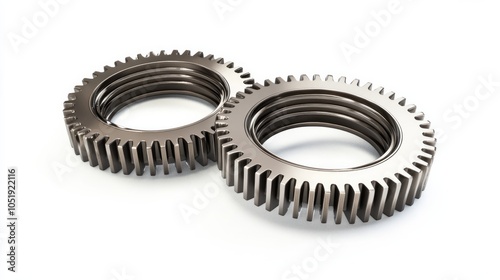 Two metallic gear cogs connected on a white background. 