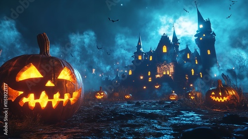 A Spooky Halloween Pumpkin Sits on Wet Ground in Front of a Haunted House