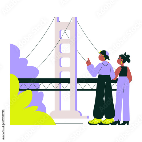 Bridge view with couple admiring suspension bridge in urban park, flat vector illustration symbolizing sightseeing, tourism, and travel, isolated on white background