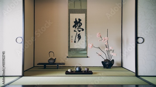 Traditional Japanese tea ceremony room with calligraphy scroll, tea set, and flowers on tatami mat floor. photo