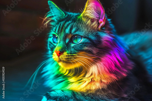 Portrait of a cute cat in rainbow light