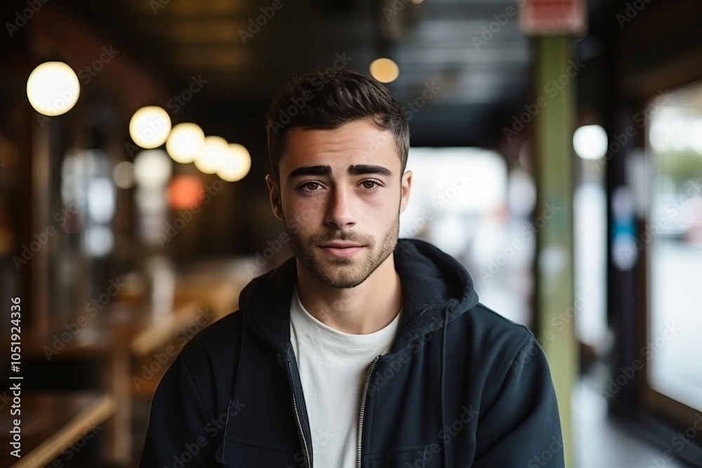 Portrait of a handsome young man in a cafe looking at camera Portrait of a handsome young man in a cafe looking at camera