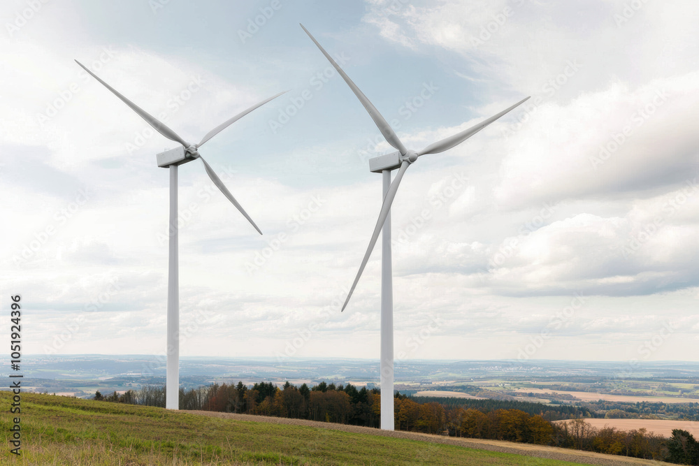 Fototapeta premium Renewable energy landscape featuring wind turbines on rural hillside for sustainable environmental solutions
