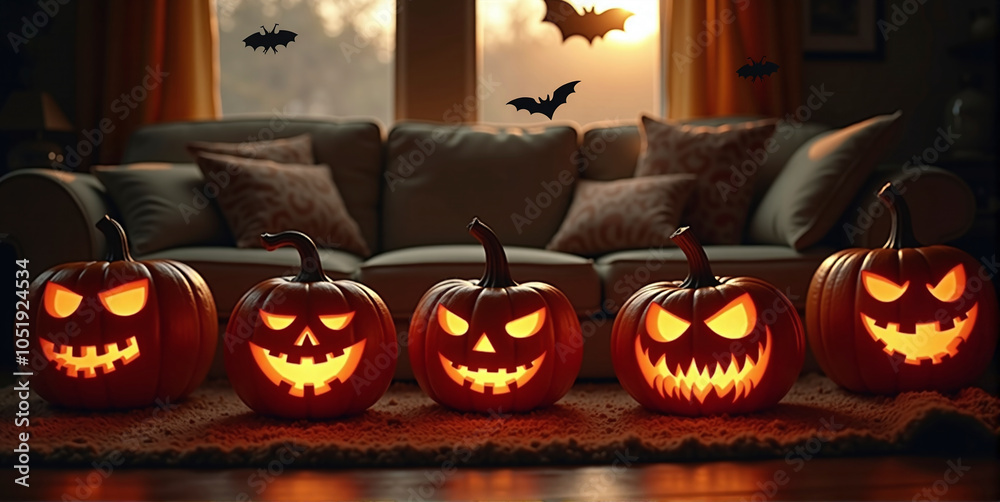 Fototapeta premium House decorated with spooky Halloween decorations, pumpkin faces and bats, helloween and thanksgiving tradition