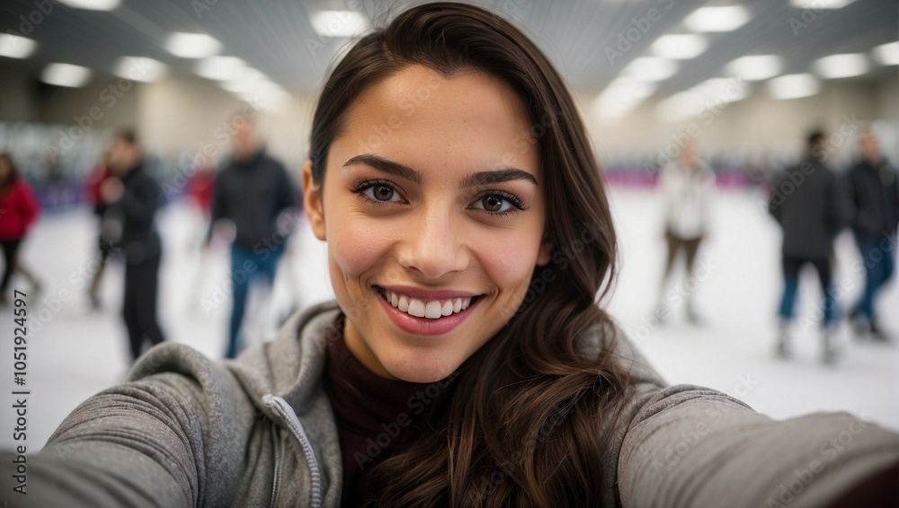 Smiling young woman takes a selfie at an indoor ice skating rink.