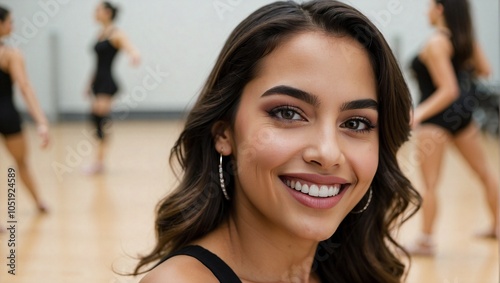 Smiling young woman with long brown hair in a dance studio, surrounded by other dancers practicing. photo