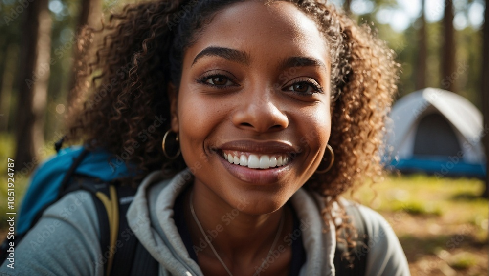 Smiling young Black woman enjoys a sunny day while camping in the forest. Smiling young Black woman enjoys a sunny day while camping in the forest.