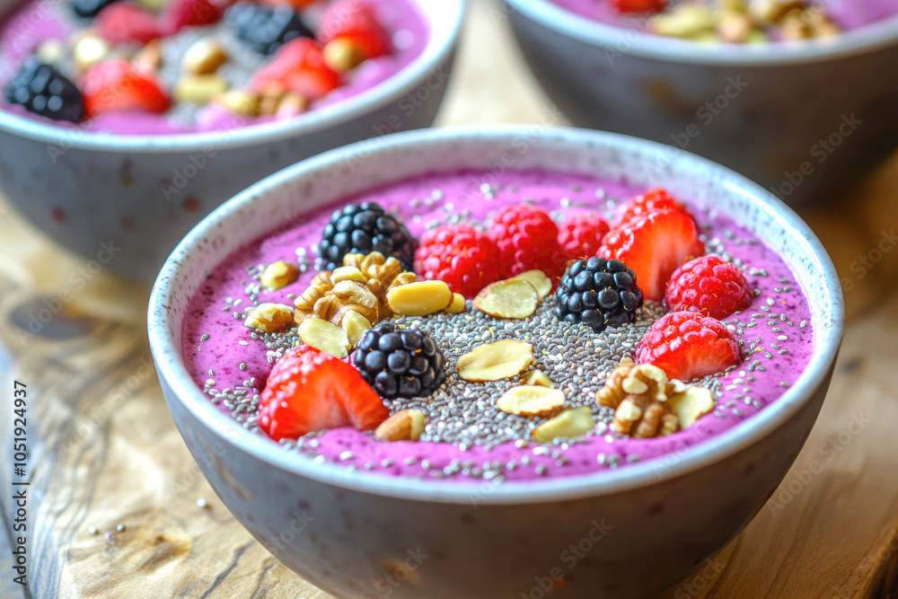 Fresh summer berry smoothie bowl with nuts and seeds - a healthy breakfast design for print and recipe cards Fresh summer berry smoothie bowl with nuts and seeds - a healthy breakfast design for print and recipe cards