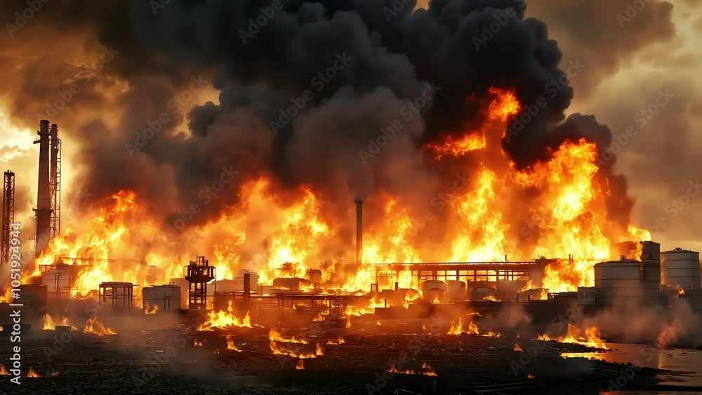 A dramatic scene of an industrial fire with intense flames and thick smoke billowing into the sky, depicting a catastrophic event in an urban environment. A dramatic scene of an industrial fire with intense flames and thick smoke billowing into the sky, depicting a catastrophic event in an urban environment.
