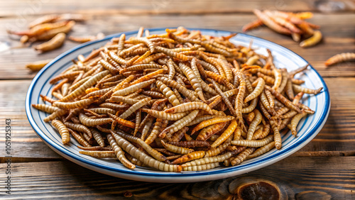 Flg heap of dry beetle-worm for animal feed, in a plate. dry beetle-worm for animal feed. photo