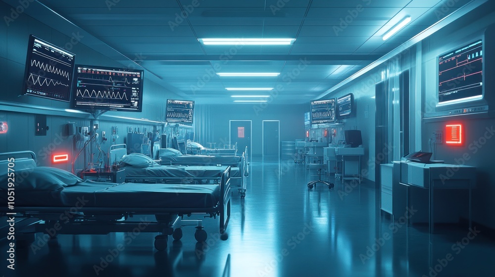A long, sterile hospital hallway with rows of empty beds, medical equipment, and glowing monitors. A long, sterile hospital hallway with rows of empty beds, medical equipment, and glowing monitors.