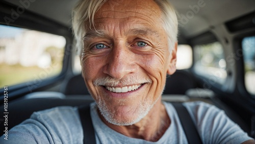 Smiling elderly Caucasian man enjoying a sunny day inside a vehicle, exuding joy and warmth.